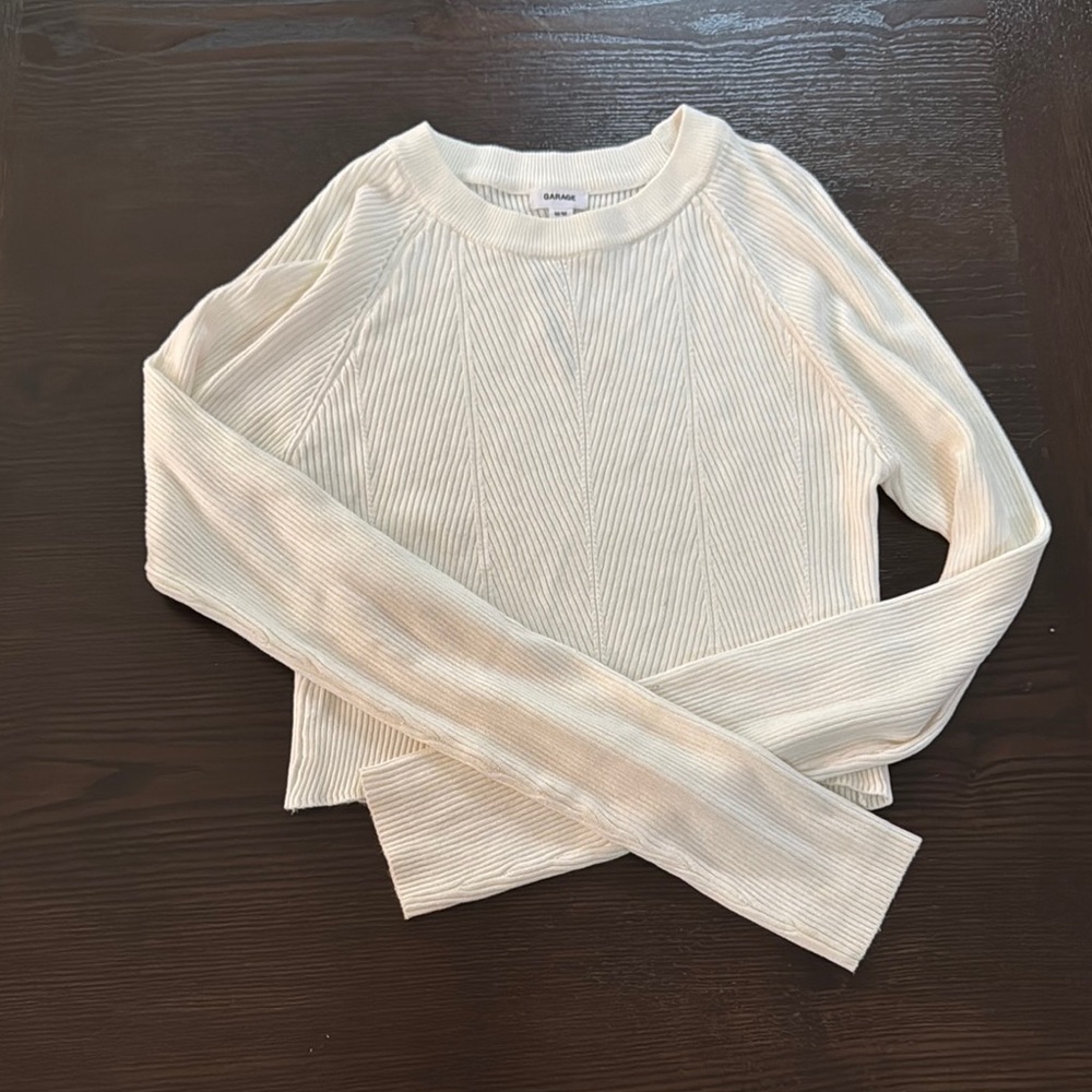 Garage Cream Fitted Ribbed Long Sleeve Hoodie